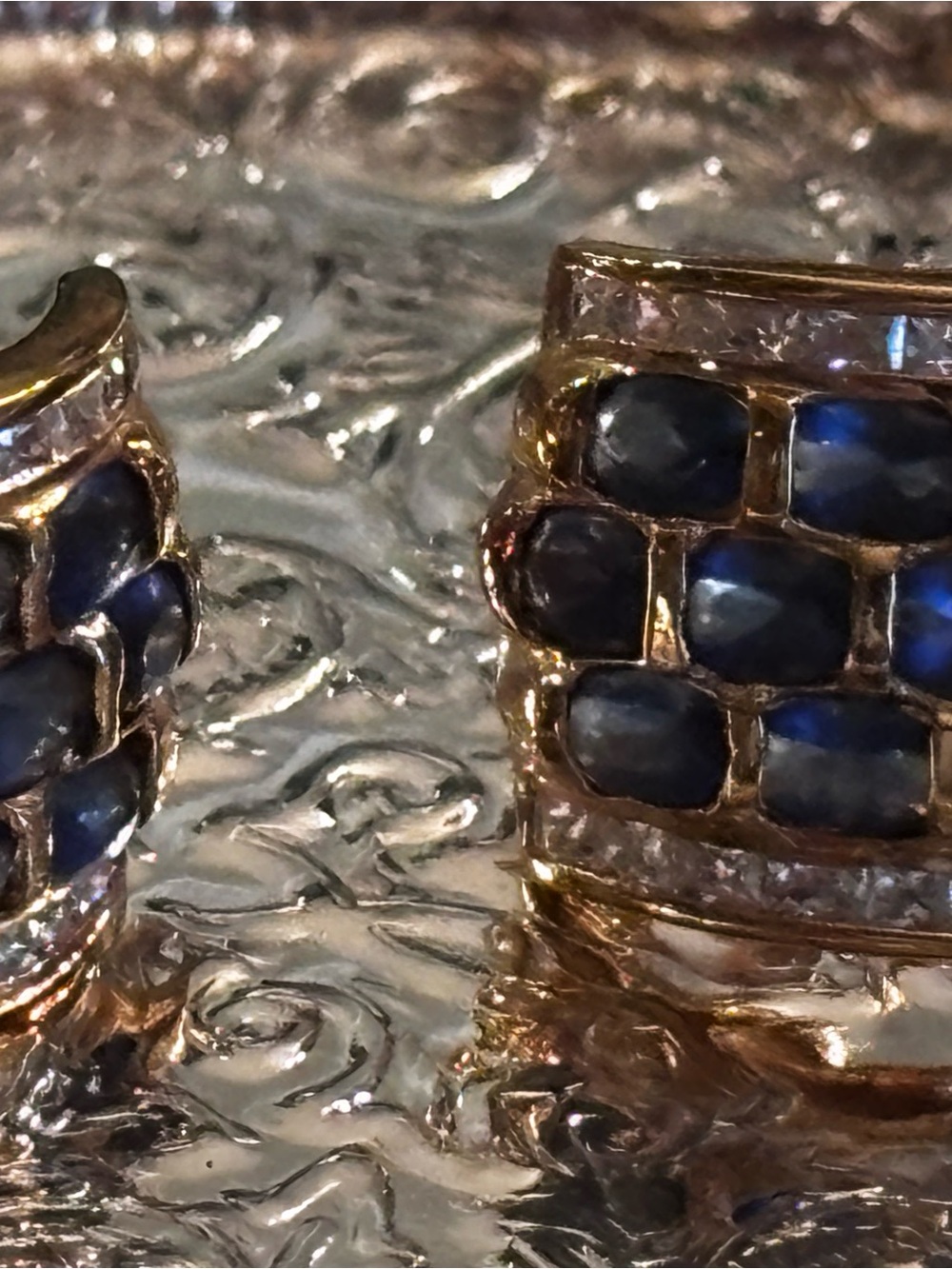 Blue Sapphire-Style Stacked Hoop Earrings - 14K Gold Tone - Picture 3 of 5